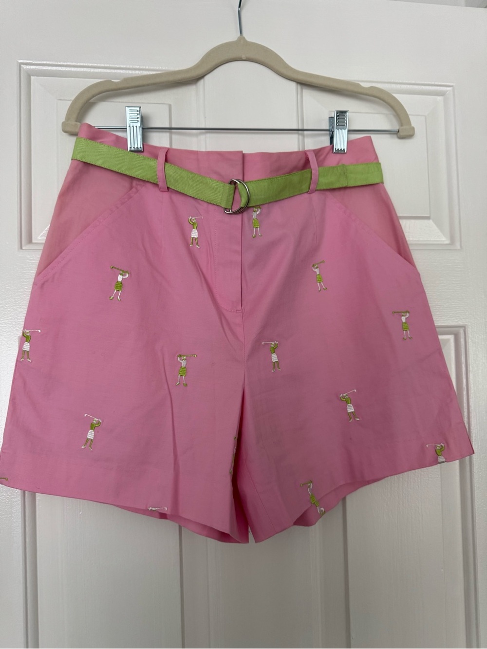 Lilly Pulitzer Pink Embroidered Golfer Bermudas with Lime Grosgrain Belt